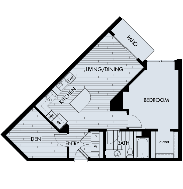 Floor plan for 1 bed, 1 bath, 921 sqft